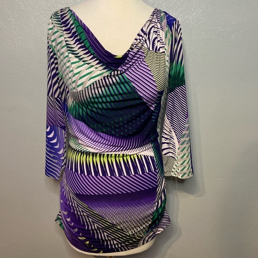 Jennifer Lopez 3/4 Sleeve Blouse Abstract Pint Cowl Neck Purple Gray Teal M